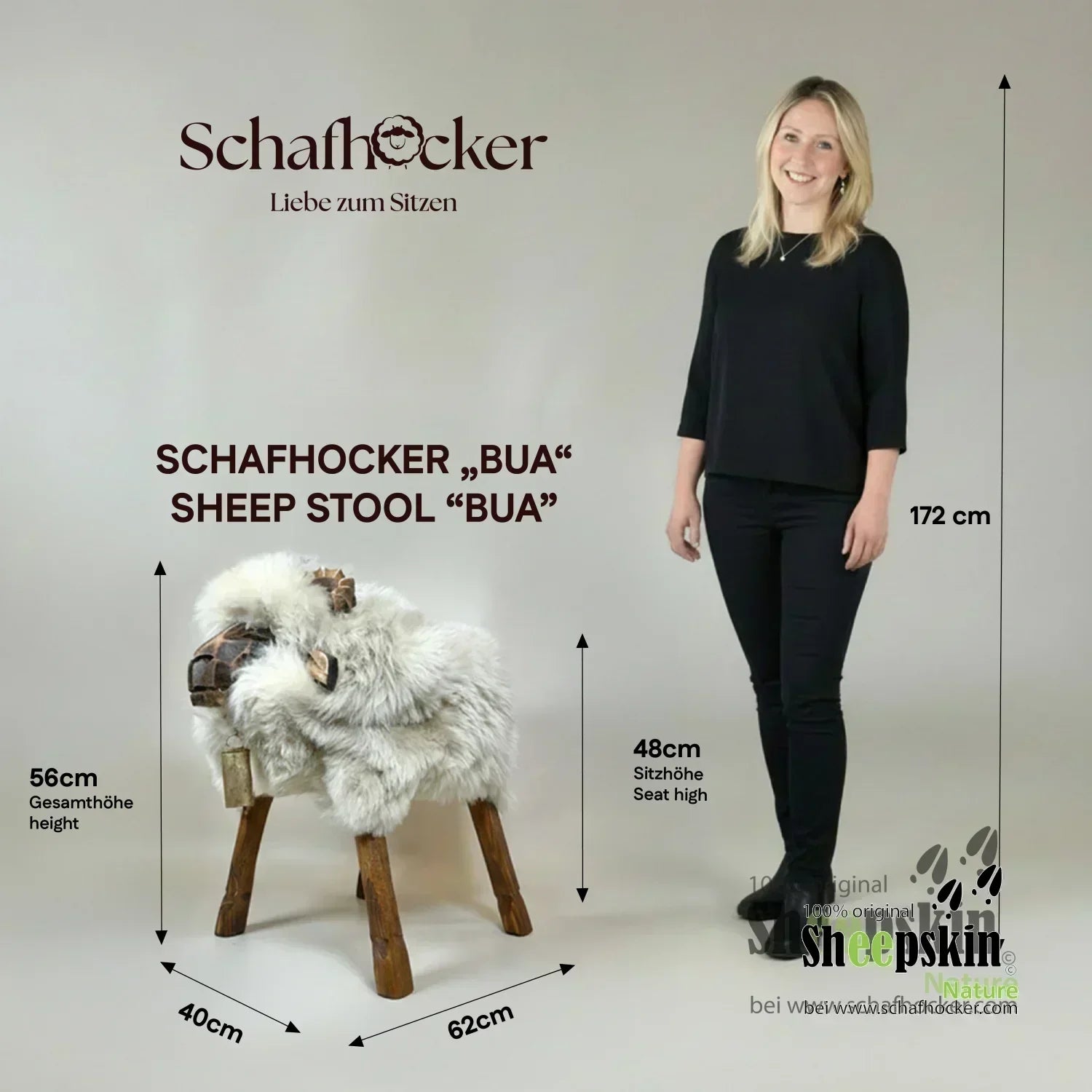 Schafhocker Josef, Modell Bua, mit Locki-Fell in Weiß – Produktansicht 3