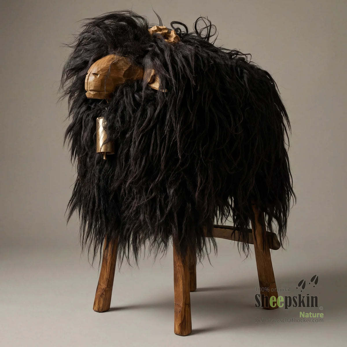 Tabouret de bar Bua »Zoro« en véritable peau de mouton tibétain bouclée – Noir
