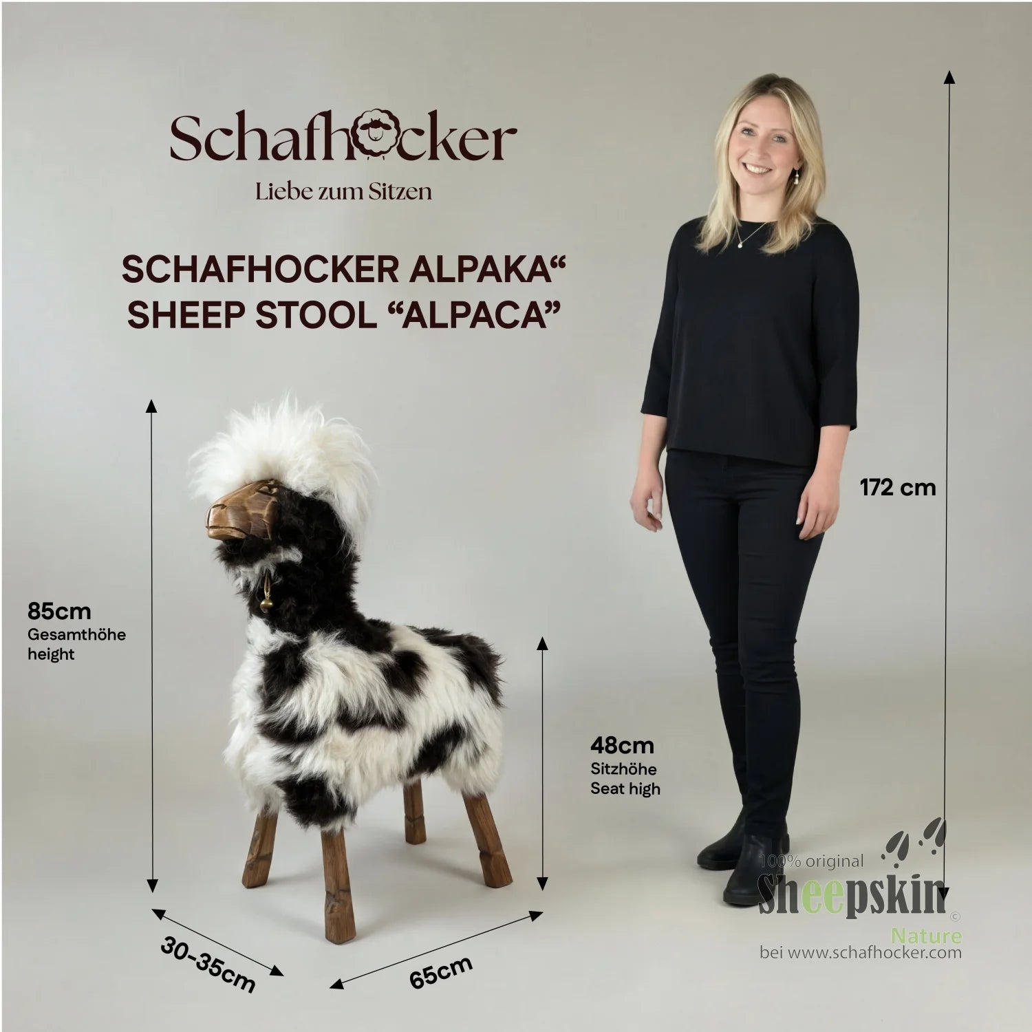 Bemaßung Designer Schafhocker limited Alpaka »Paco« Hocker Tierhocker Tiermöbel Design Fellhocker