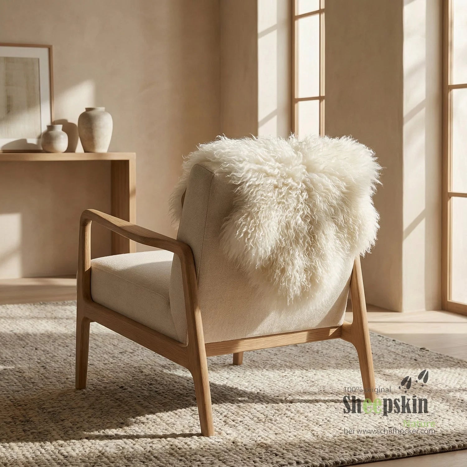 Handgefertigte Schaffell-Tierhocker: Tibet Locki eisbärweiß – Fell von Sheepskin Nature© Ansicht 2 – kaufen