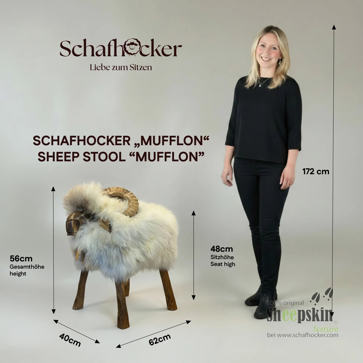 Premium Design Tierhocker Schafhocker Hansi das Mufflon braun – Schafhocker Mufflon von Sheepskin Nature© Ansicht 3 – kaufen