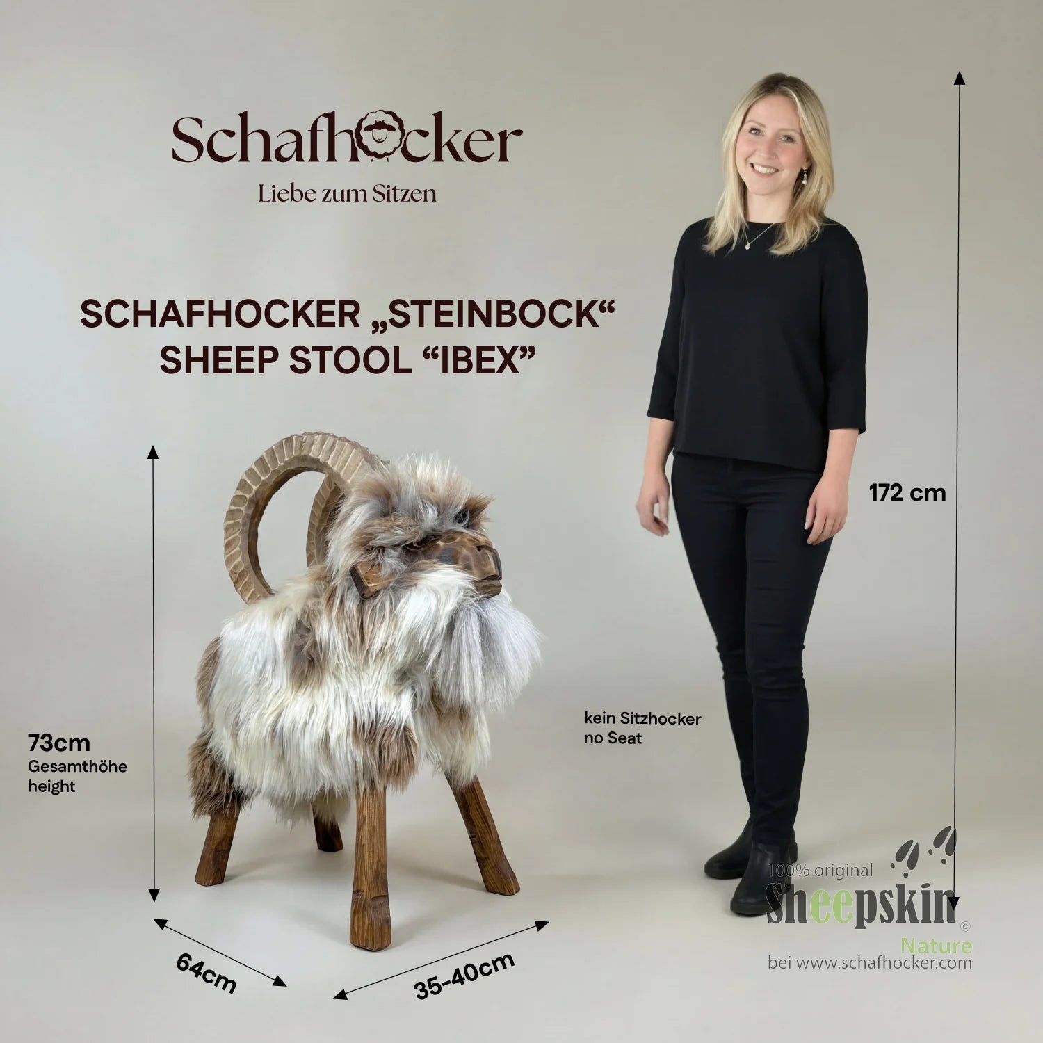 Bemaßung Premium Tierhocker Schafhocker Caprian Steinbock schwarz weiß gelockt