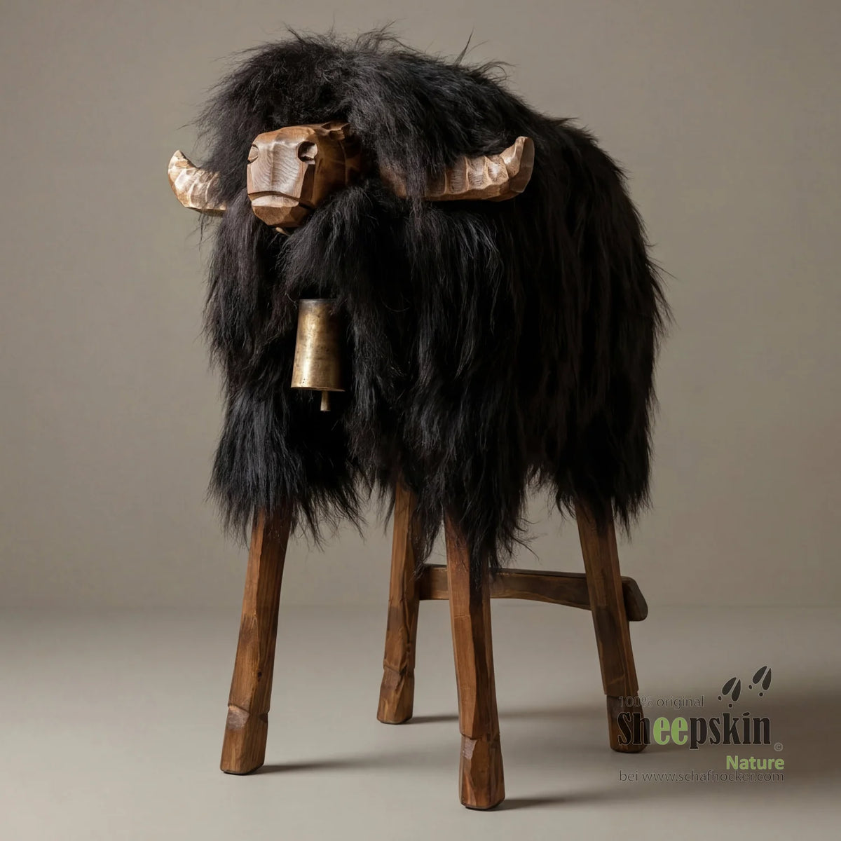 Tabouret en peau de mouton Tabouret de bar Bully »Oswald« en véritable peau de mouton d'Islande – Noir
