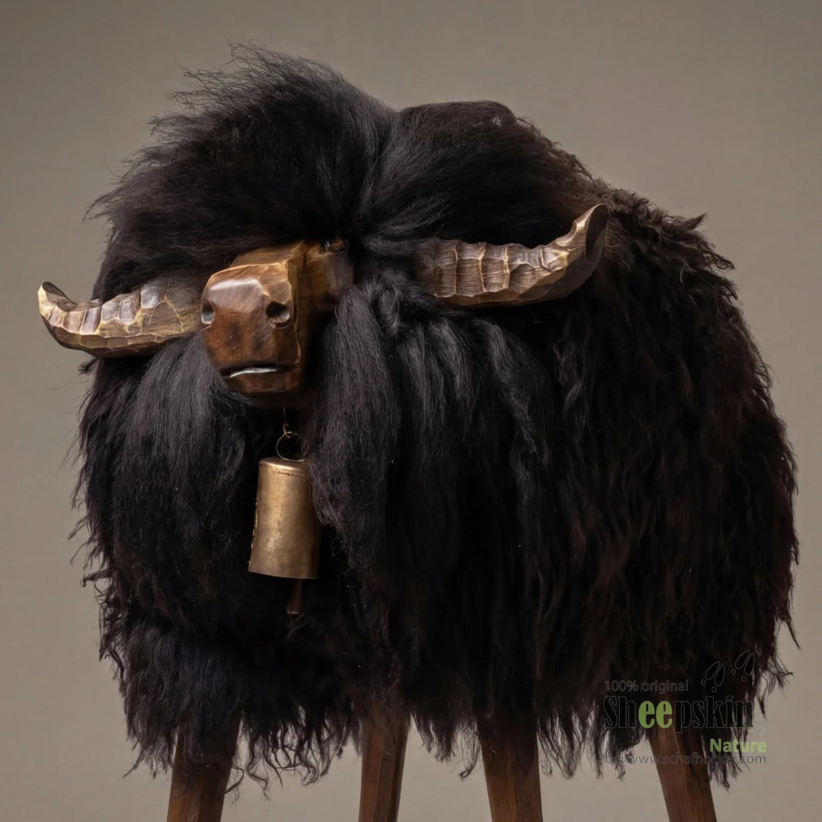 Tabouret en peau de mouton Bully Tabouret de bar »Lothar« en véritable peau de mouton bouclée – Noir