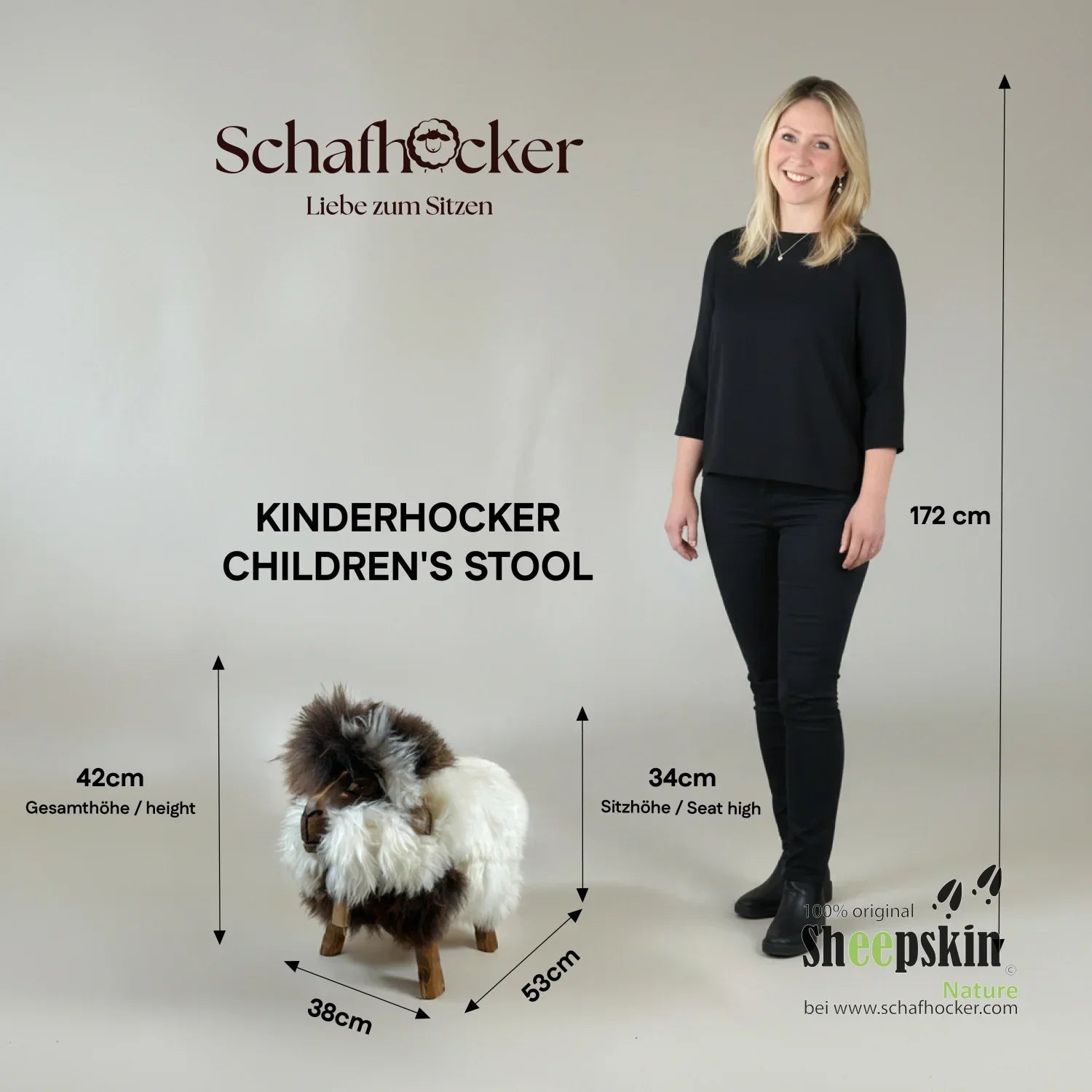 Schafhocker Kinderhocker Madl Larissa | Alpen-Manufaktur handgefertigte Schaffell-Tierhock – Kinderhocker Madl von Sheepskin