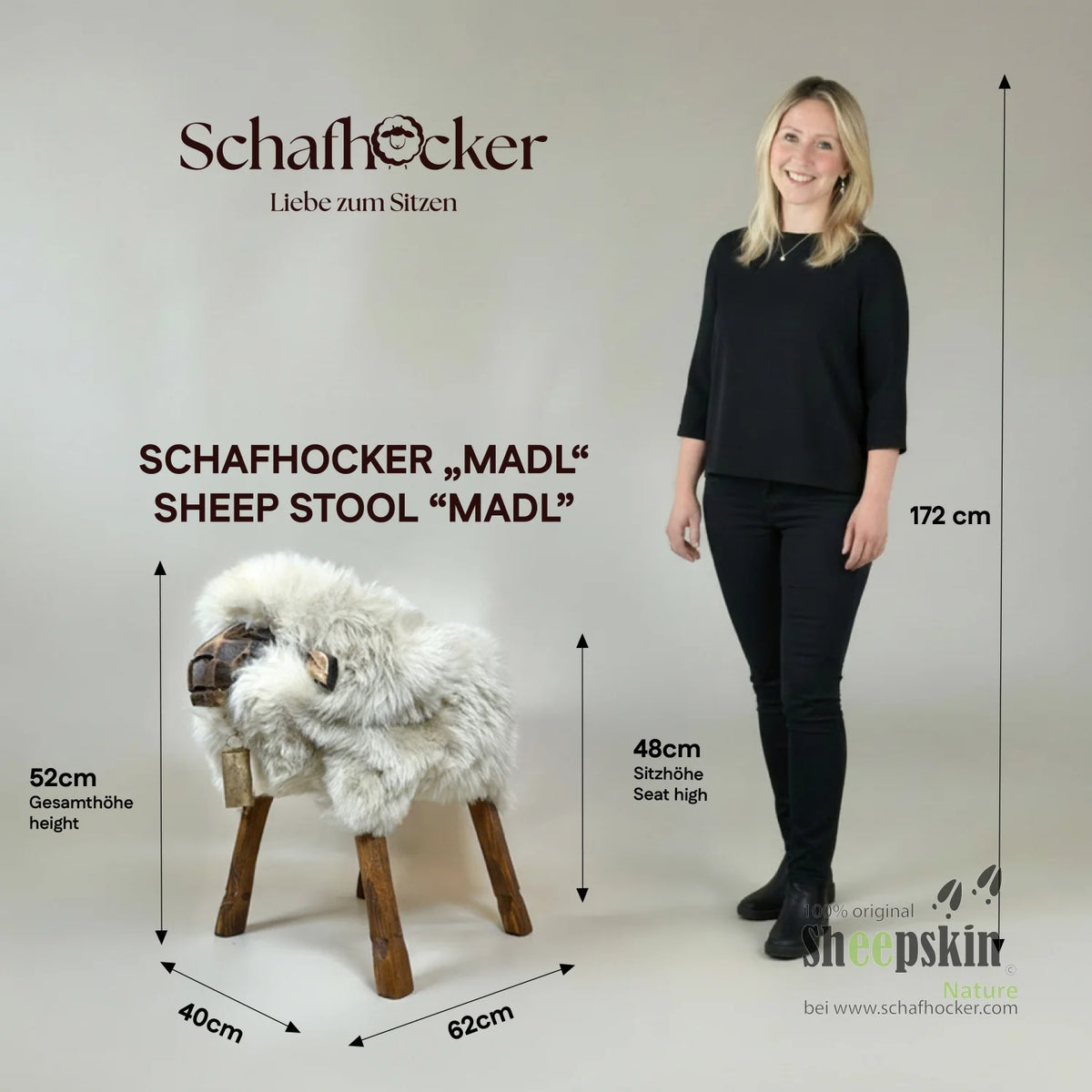 Schafhocker Madl »Luisa« laget av ekte tysk saueskinn – Sandy