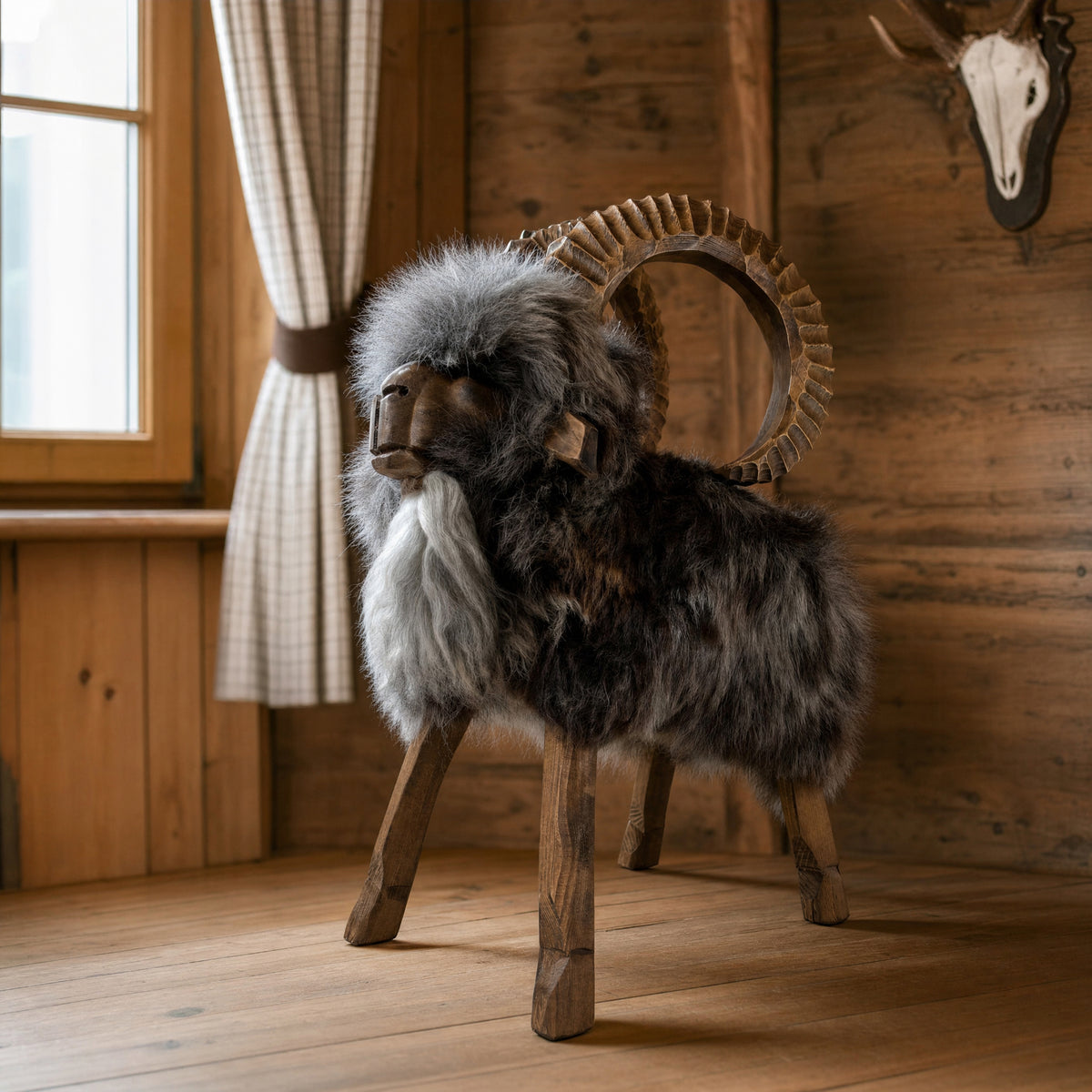 Steinbock-Tierhocker als Dekoration in einem Jagdzimmer