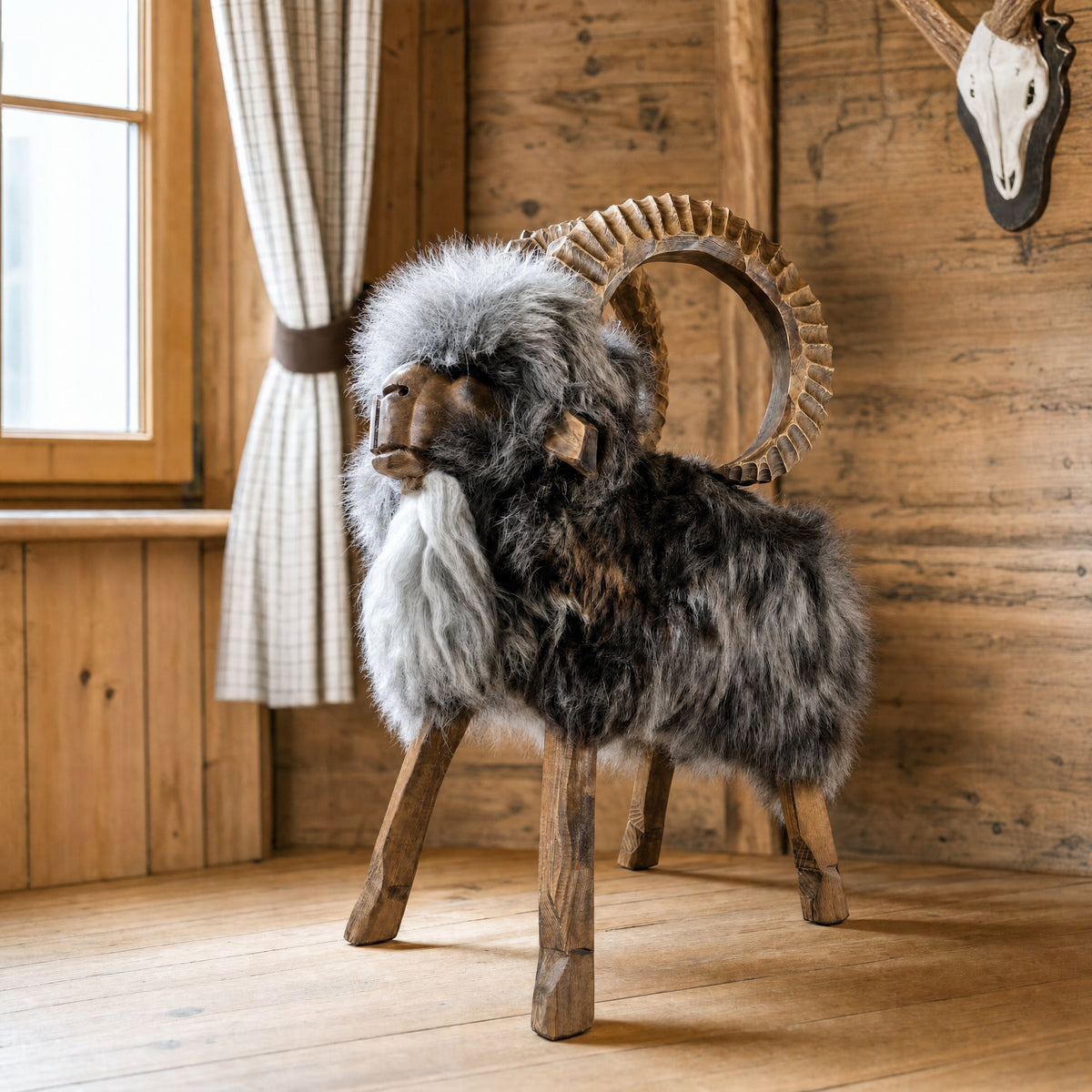 Steinbock-Tierhocker als Dekoration in einem Jagdzimmer