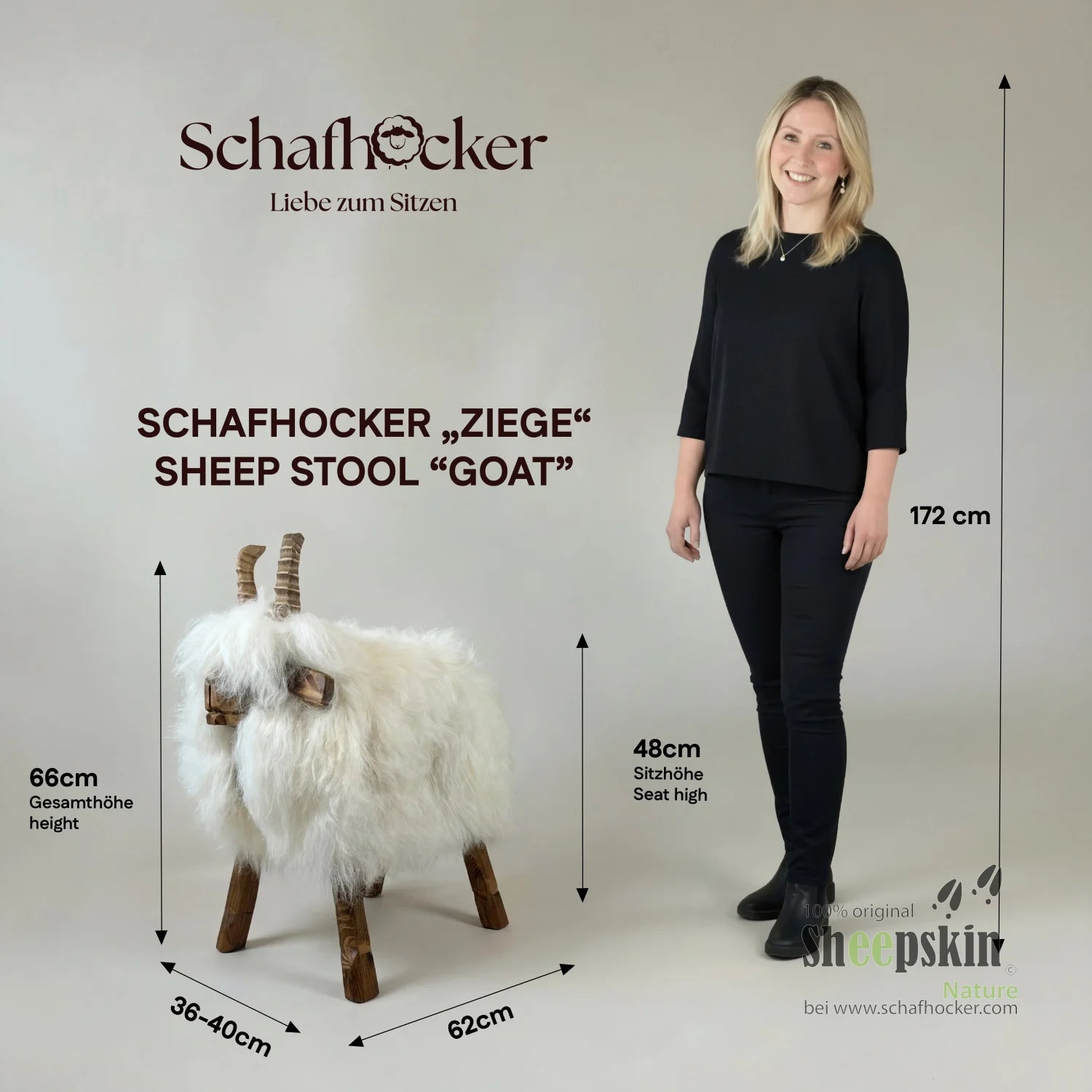 Alpen-Manufaktur Schaffellhocker Wilma – handgefertigte Schaffell-Tierhocker – Schafhocker Ziege von Sheepskin Nature© Ansich