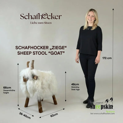 Alpen-Manufaktur Schaffellhocker Ziege Shaggy handgefertigte Schaffell-Tierhocker – Schafhocker Ziege von Sheepskin Nature© A