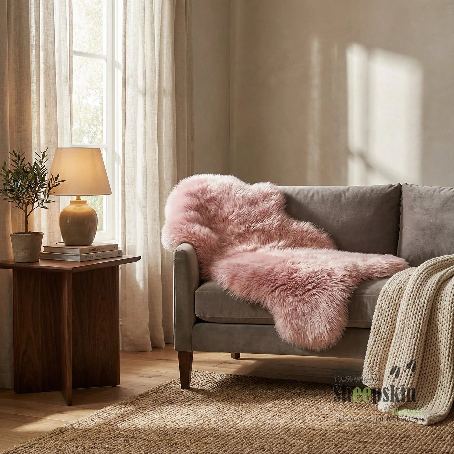 handgefertigte Schaffell-Tierhocker – Alpine Alpen-Manufaktur Schaffellhocker „zuckerlrosa – Fell von Sheepskin Nature© Ansic