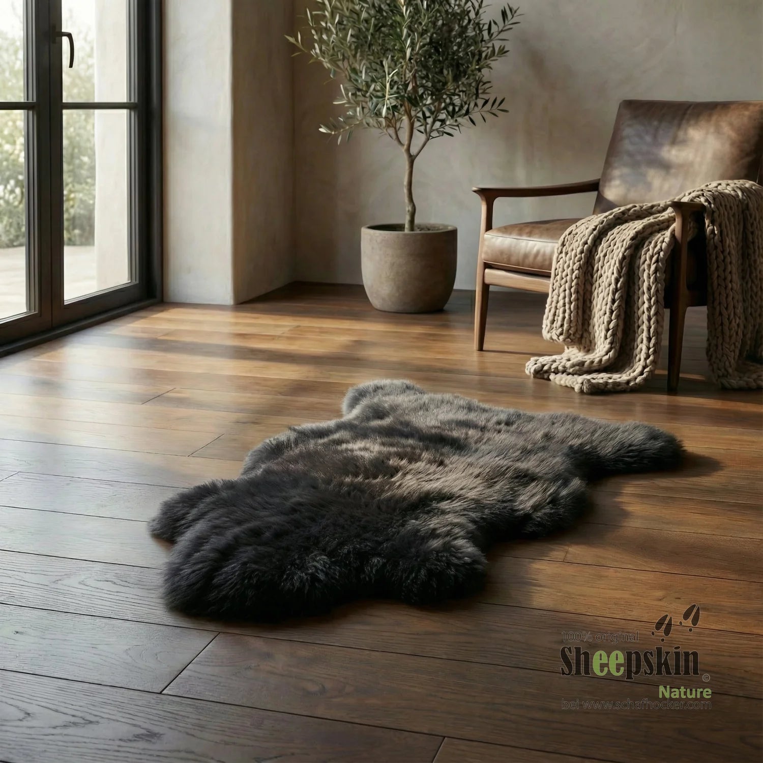 handgefertigte Schaffell-Tierhocker & Auflage Anthrazit | Alpen-Manufaktur Schaffellhocker – Fell von Sheepskin Nature© Ansic
