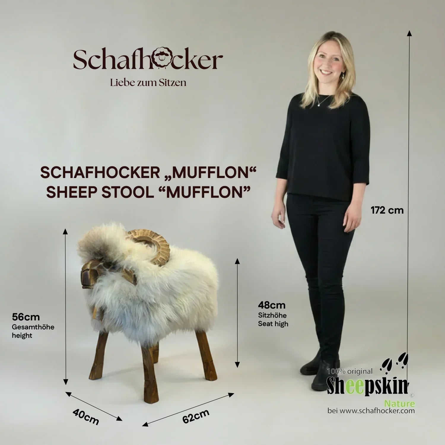 Mufflon Georg reverse: Handgefertigte Schaffell-Tierhocker aus der Alpen-Manufaktur – Schafhocker Mufflon von Sheepskin Natur