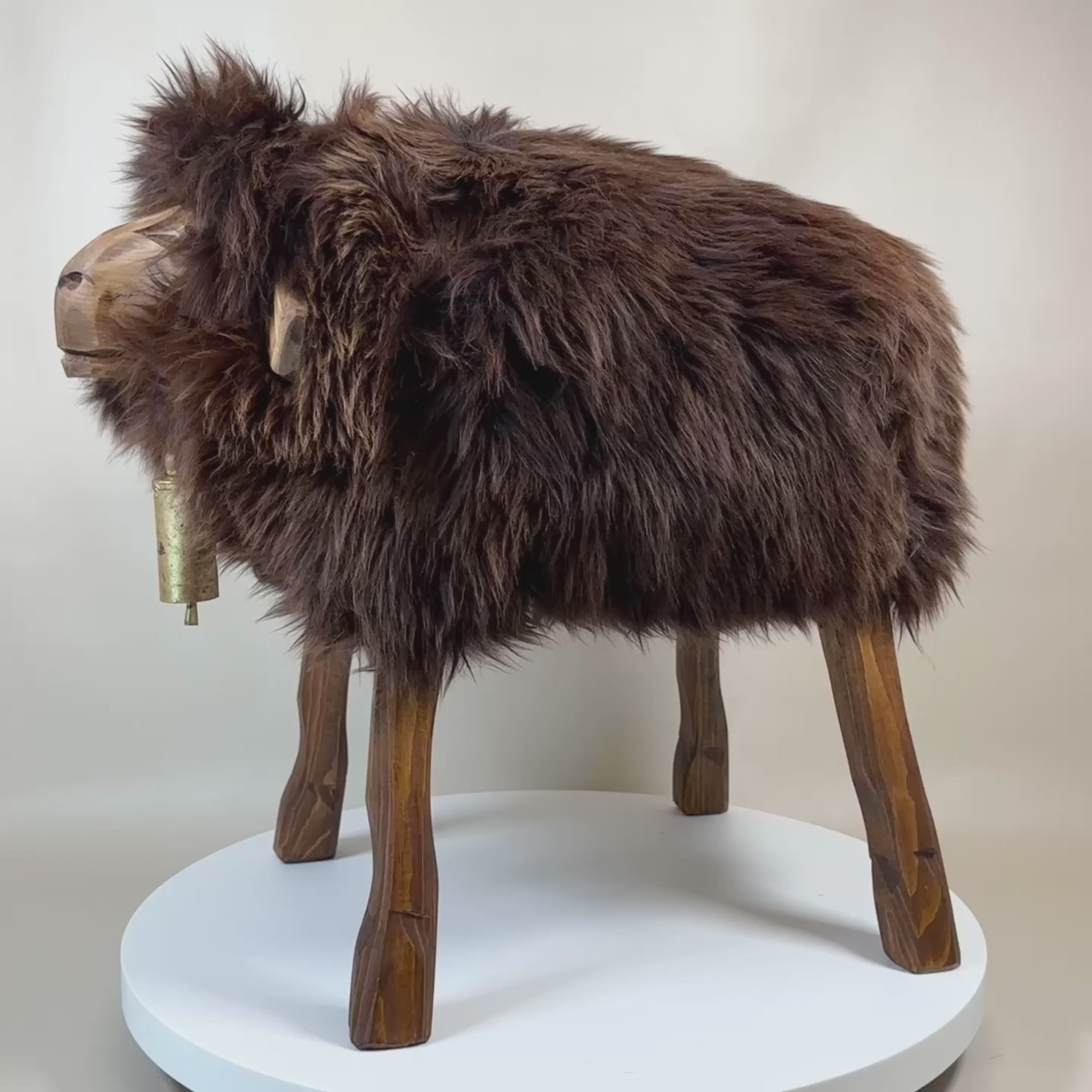 Load video: Designer animal stool sheep stool "Rosi" the cheeky girl brown bear brown