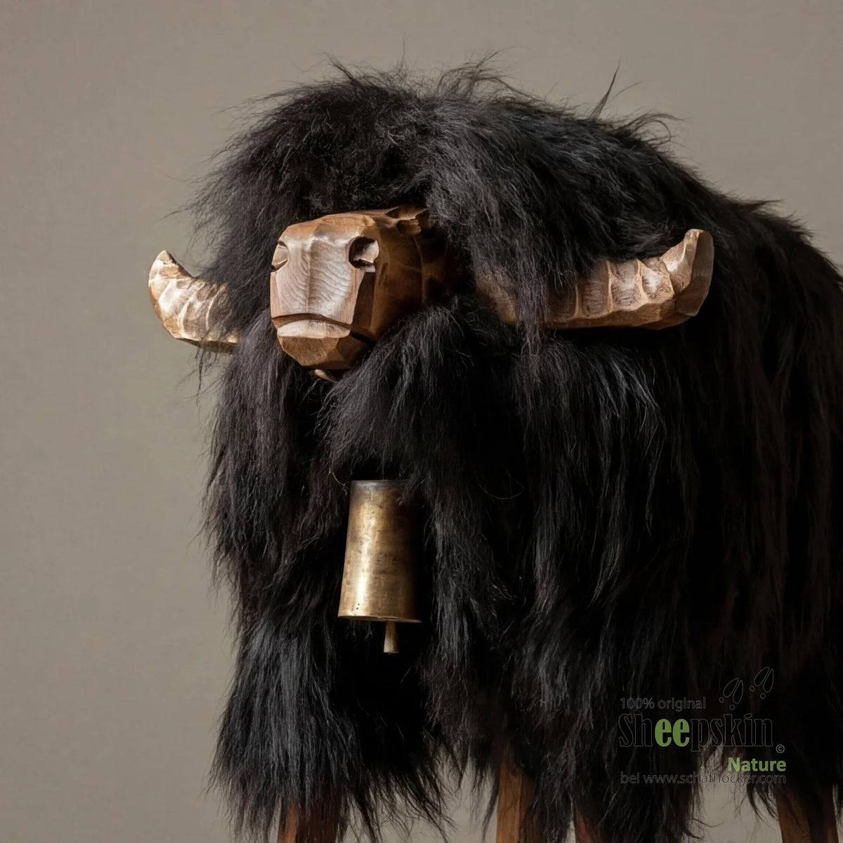 Tabouret en peau de mouton Tabouret de bar Bully »Oswald« en véritable peau de mouton d'Islande – Noir