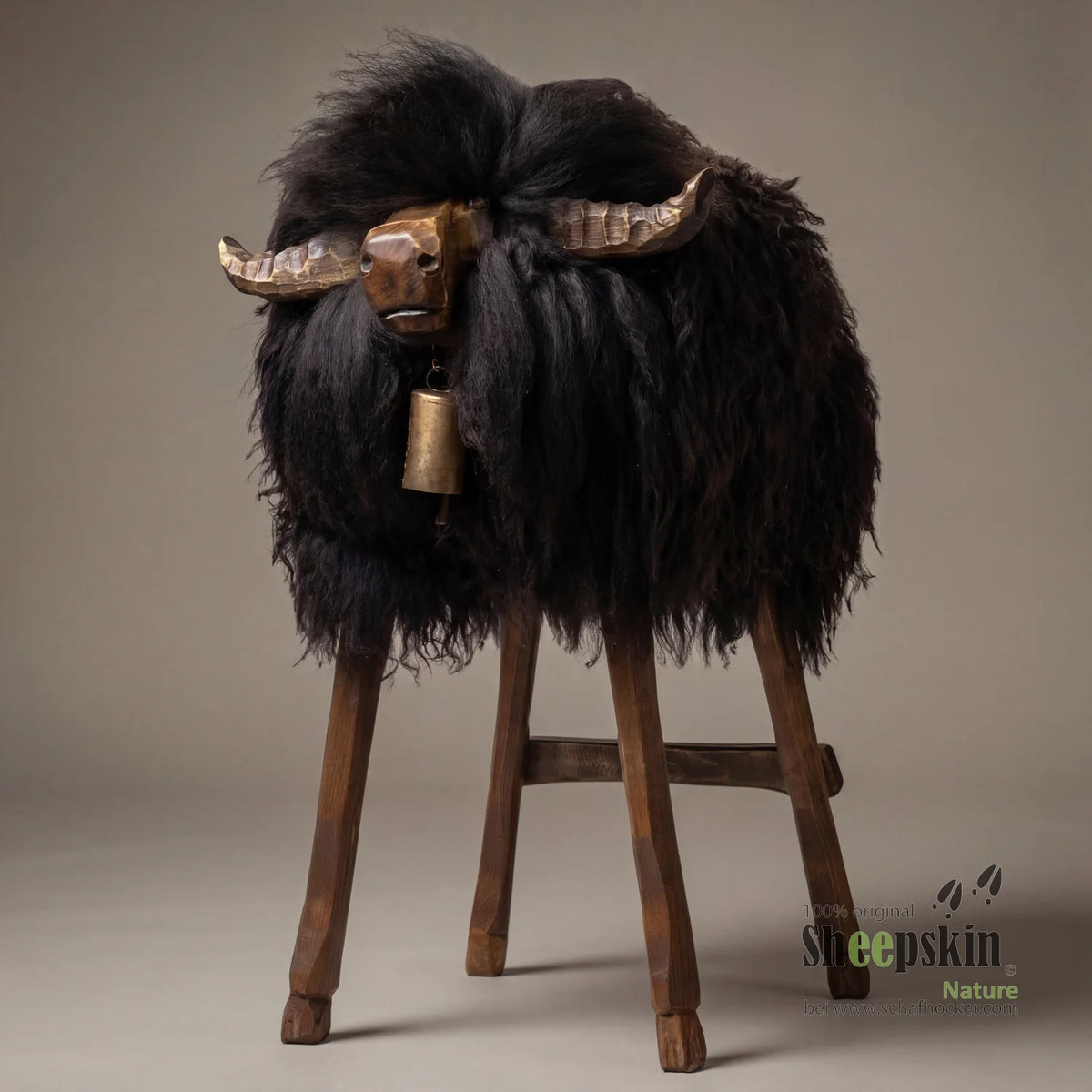 Tabouret en peau de mouton Bully Tabouret de bar »Lothar« en véritable peau de mouton bouclée – Noir