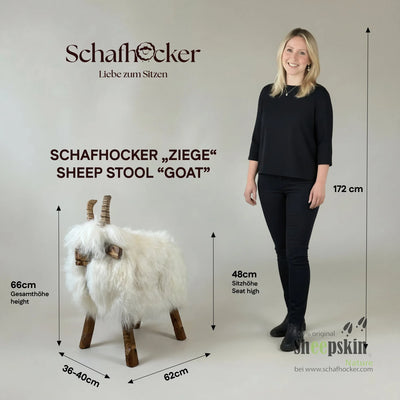 Schafhocker Vroni, Modell Ziege, mit deutschem Schaffell in Weiß – Produktansicht 3