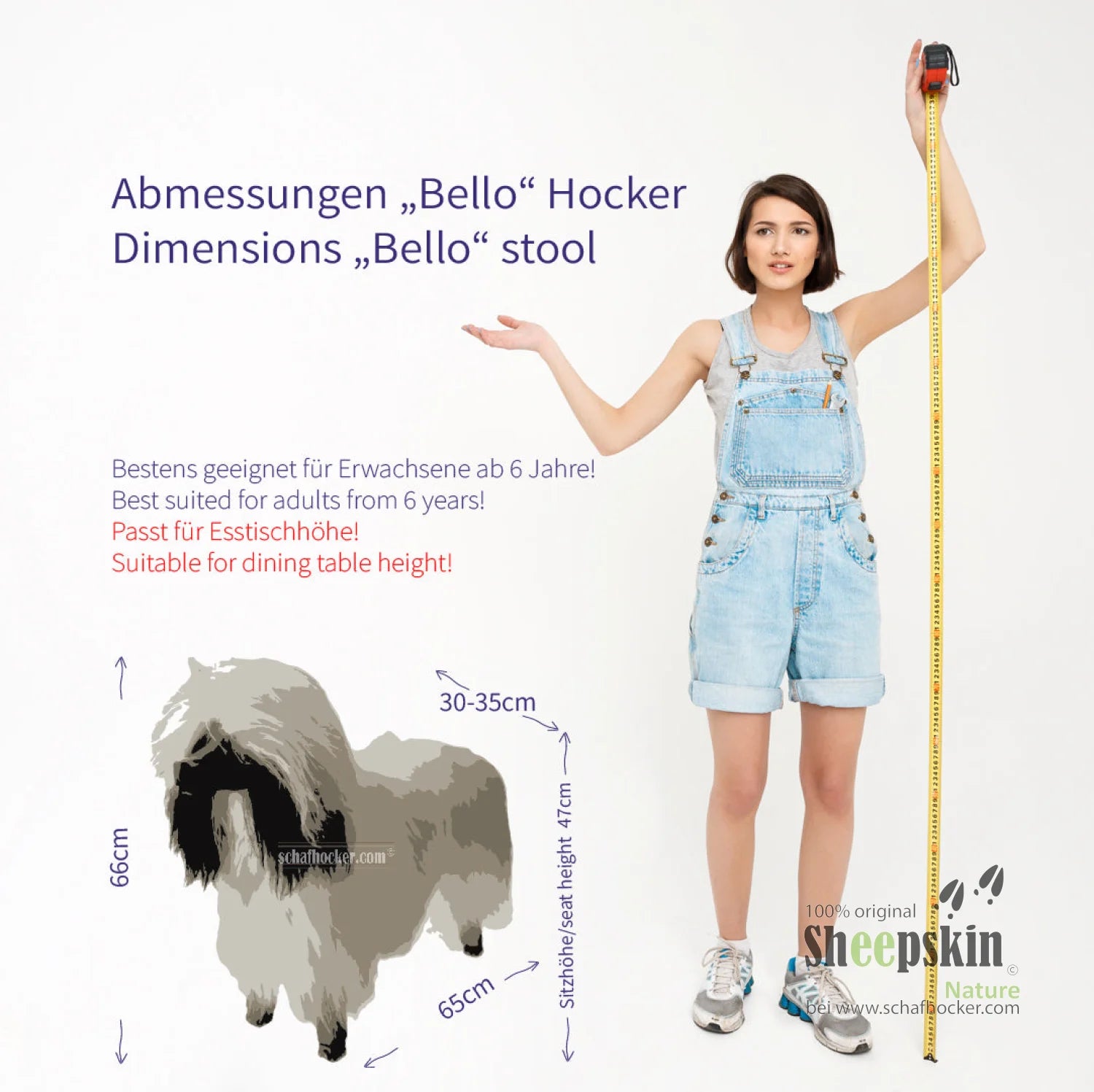 Bemaßung Tierhocker Hund »Bello« Islandfell weiß Hocker Fellbank Tiermöbel Design
