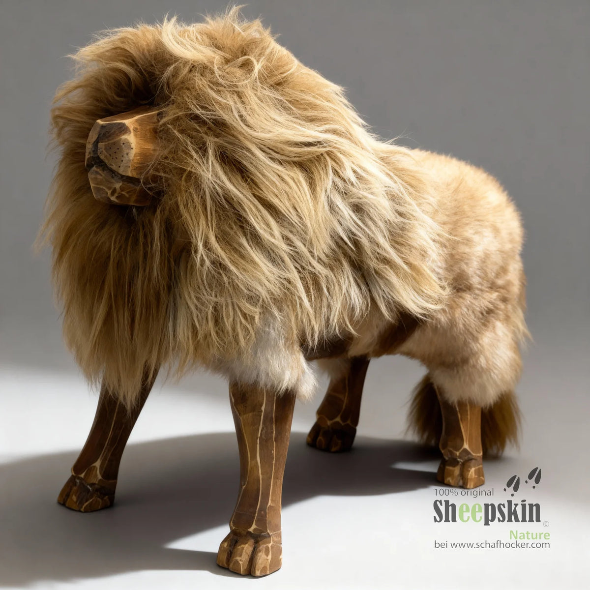 Tabouret animal lion »Simba« en véritable peau de mouton allemande – Naturel – Édition limitée