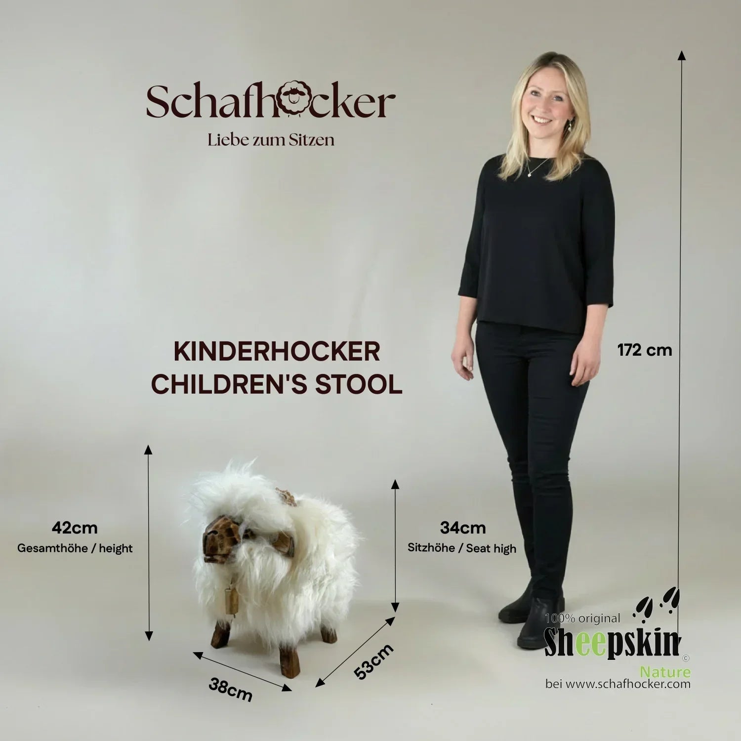 Timi der Bua orange: handgefertigte Schaffell-Tierhocker aus der Alpen-Manufaktur – Kinderhocker Bua von Sheepskin Nature© An
